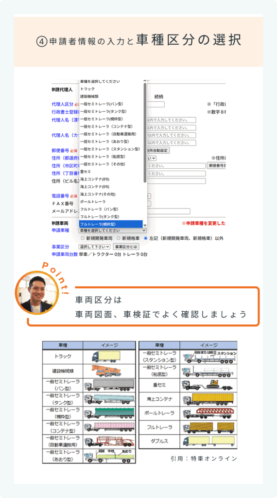 申請者情報入力と車種区分選択